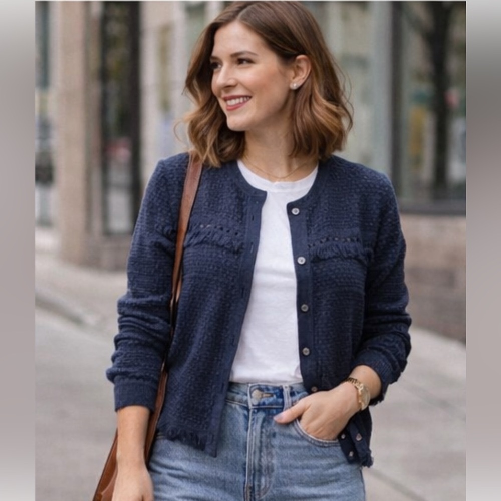 J. Crew Navy Blue Textured Button Cardigan